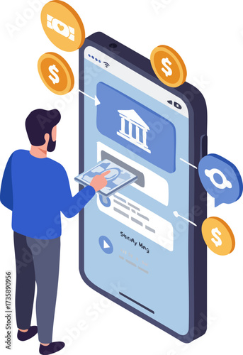 Isometric Mobile Banking Illustration with Money Transfer and Coins Element