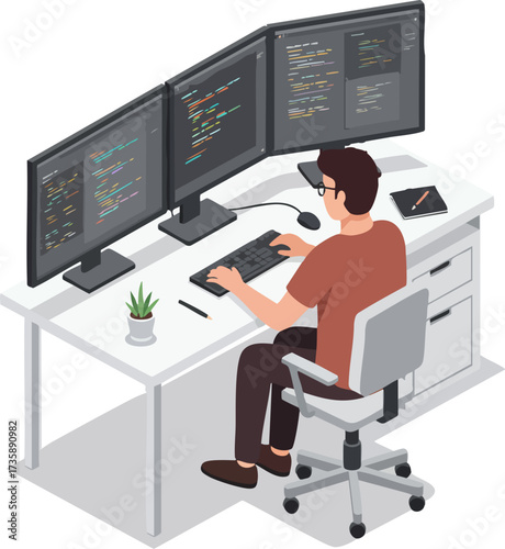Isometric Illustration of Developer Coding at Desk with Multiple Monitors