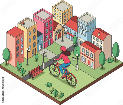 Isometric Style Detailed Cityscape with Cyclist Illustration of Urban Living