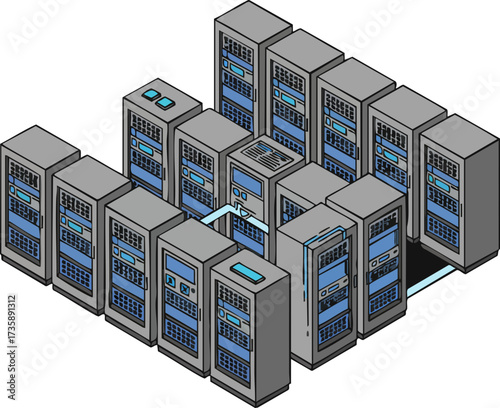 Isometric Outline Server Room Rack Unit System Data Center Illustration