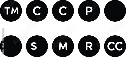 Trademark copyright symbol vector set, intellectual property icons collection, legal protection circle design, registered trademark, creative commons, patent mark, copyright label illustration