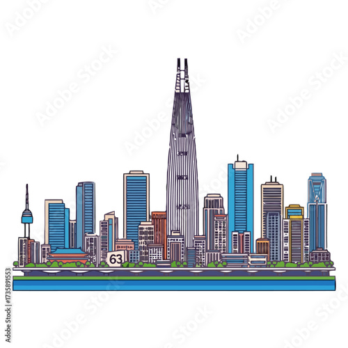 Vibrant cityscape silhouette featuring modern skyscrapers and iconic buildings, representing urban development and city life