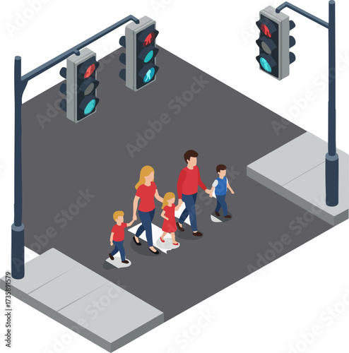 Isometric Family Crossing Street at Pedestrian Walk with Traffic Lights Illustration