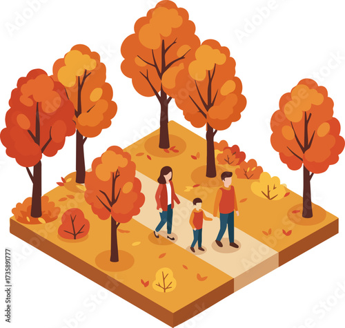 Isometric Family Walking in Autumnal Park Nature Scene Illustration
