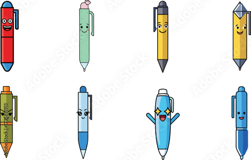 Funny cartoon pens with expressive faces, kawaii stationery illustration, cute ballpoint pens, happy doodle writing tools vector