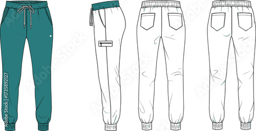 Jogger pants technical flat sketch, fashion cad drawing vector, front and back view, casual wear, detailed line art illustration