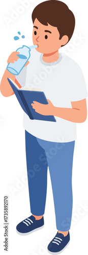 Flat Illustration Young Boy Reading While Hydrating With Water Bottle