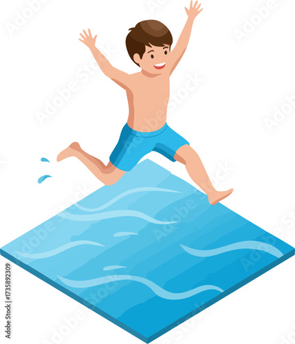 Cartoon Happy Boy Jumping Into Cool Water for Swimming Illustration
