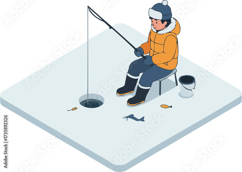 Isometric Illustration Young Man Ice Fishing Winter Leisure Activity Scene