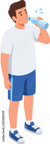 Flat Style Boy Drinking Water from Plastic Bottle Illustration