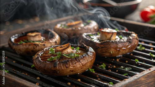Smoky grilled portobello mushrooms marinated in herbs, resting on sizzling grate