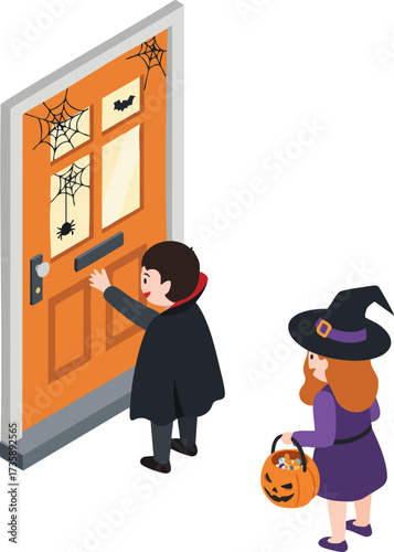 Isometric Halloween Trick or Treat Kids at Front Door Illustration