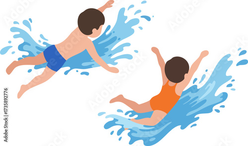 Flat Illustration Active Kids Swimming and Playing in Summer Water