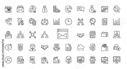 Set of business and finance icons, handdrawn style, isolated on white background