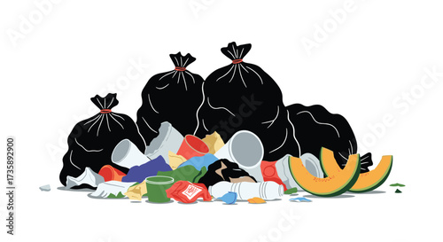 Pile of rubbish and garbage bags.