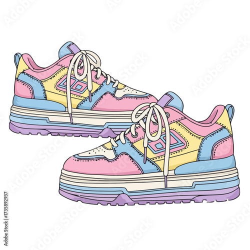 Pair colorful, chunky platform sneakers with pastel pink, yellow, and blue accents