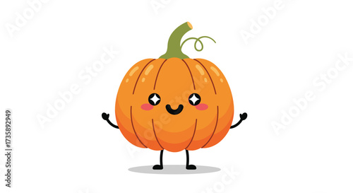 A cute happy pumpkin character with arms raised in excitement.