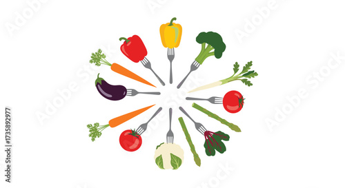 A vibrant circular arrangement of fresh vegetables on forks.
