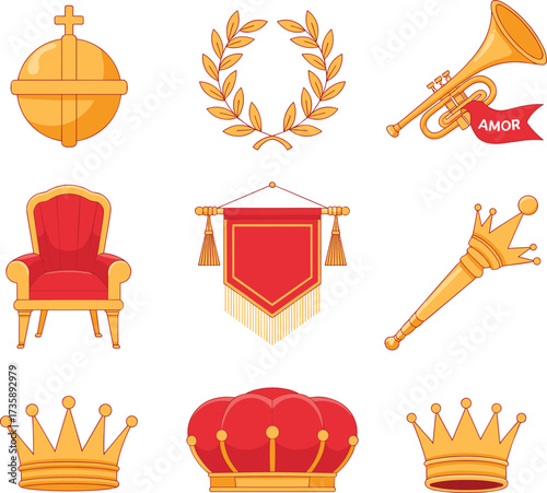 Cartoon royal object illustration set, vector drawing of crowns, throne, scepter, banner, and ceremonial symbols for fantasy and historical content