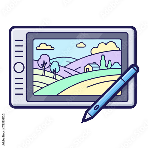 Digital drawing tablet with stylus displaying colorful landscape rolling hills, trees, and house