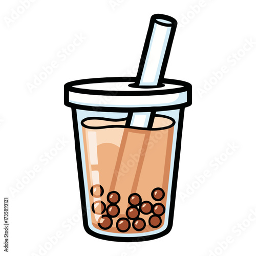 Clear plastic cup filled with iced tea and tapioca pearls, with straw