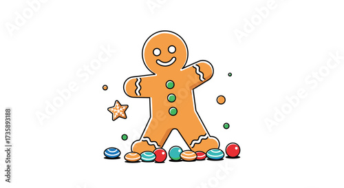 A happy gingerbread man surrounded by colorful candies and stars.