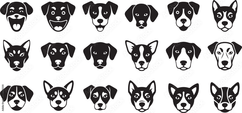 Obraz premium Dog Face Icon Set – 8–12 Black Silhouette Icons on vector for Digital & Print