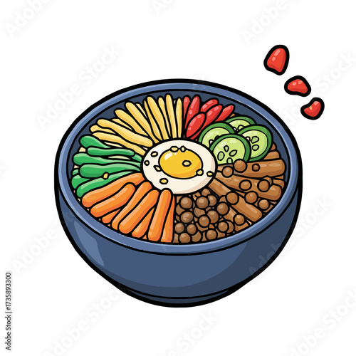 Colorful and appetizing bowl korean bibimbap with rice, vegetables, and fried egg