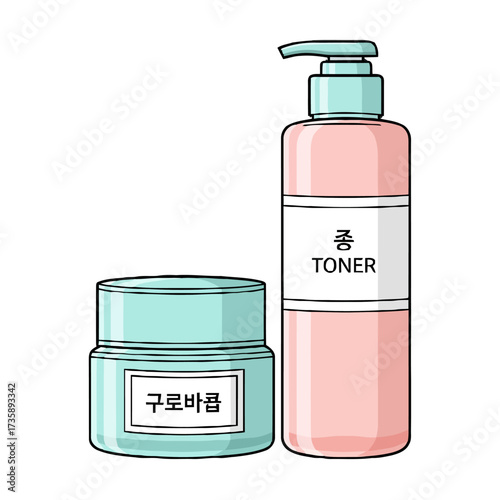 Set korean skincare products including pink toner bottle with pump dispenser and light blue cream jar, isolated on transparent
