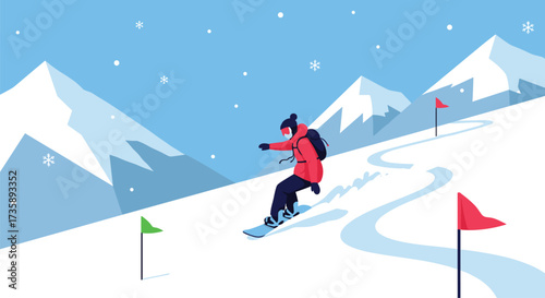 A snowboarder rides down a snowy mountain path.