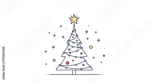 A festive decorated Christmas tree with a star on top surrounded by sparkling lights.