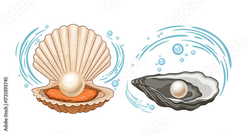 Two types of shells opening to reveal a pearl within.