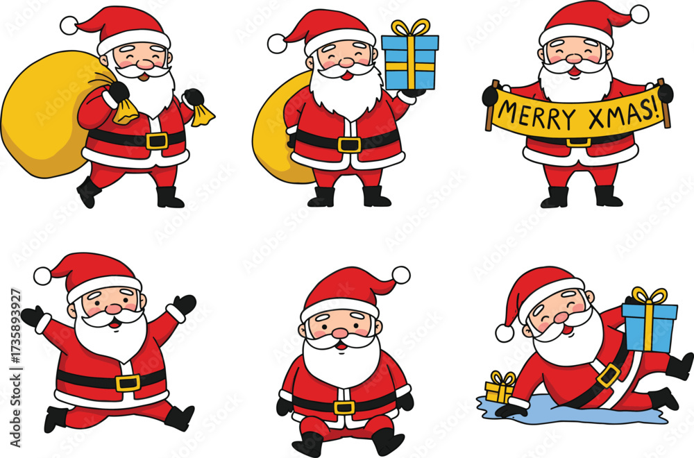 Obraz premium Santa Claus cartoon illustration with gift bag, presents, Merry Xmas banner, joyful festive Christmas holiday vector artwork