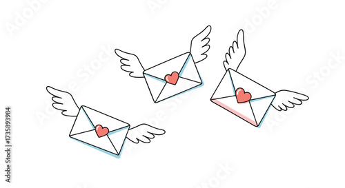 Three envelopes with hearts and wings flying through the air.