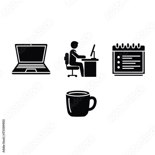 Workspace icons: laptop, person at desk, calendar, and coffee cup.