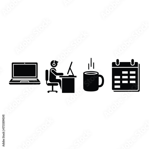 A set of four black icons representing modern work life, including a laptop, a person at a desk, a coffee mug, and a calendar.