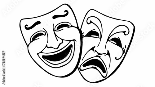 Illustration of theatrical masks depicting comedy and tragedy in black and white outline style art created with generated ai 