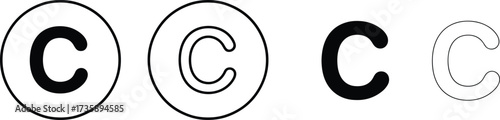 Vector illustration of copyright symbol variations, bold black letter C with circle outline, isolated copyright icons, creative design for intellectual property concepts, trademarks