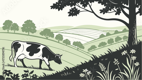 A cow grazes in a green field with rolling hills and a large tree providing shade in a pastoral scene created with generated ai 