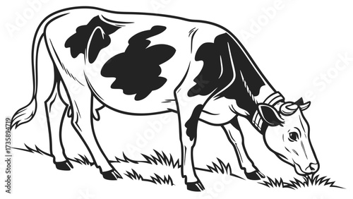 Illustration of a black and white cow grazing in a field with its head down eating grass art work 100 created with generated ai 