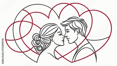 Illustration of a couple facing each other surrounded by overlapping heart shapes design art work created with generated ai 