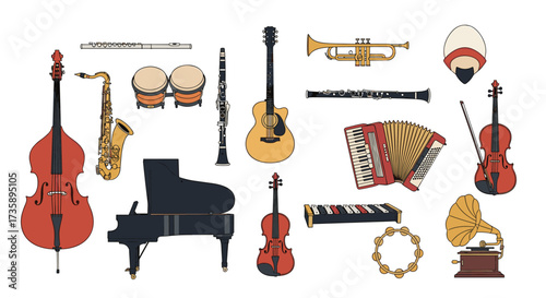 A diverse collection of musical instruments from various genres and eras.