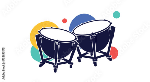 Two timpani drums with colorful circles in the background.