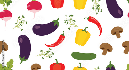A colorful and vibrant pattern of fresh vegetables and herbs.