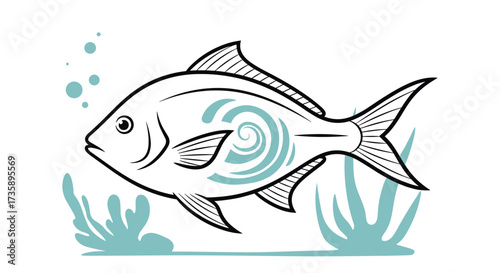 A detailed illustration of a freshwater fish swimming in its natural habitat.