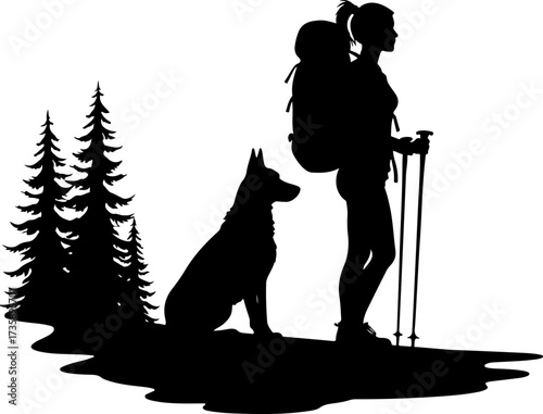 Hiking Companion: Woman and Dog Adventure Silhouette"
