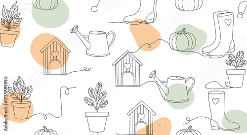 A charming doodle pattern featuring garden essentials and abstract shapes.