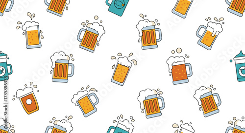A pattern of various beer mugs filled with frothy beer and splashes.