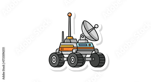 A cartoon illustration of a Mars rover with a satellite dish and antenna.