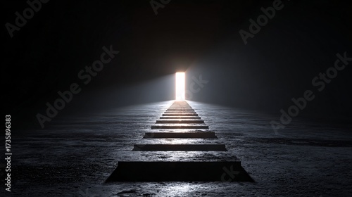 Abstract path of footsteps leading toward glowing light between tall buildings for success journey.